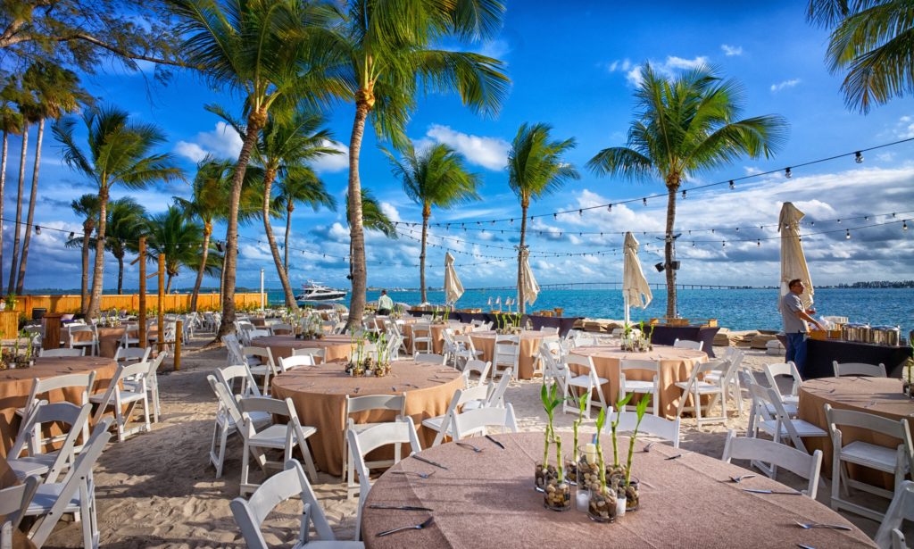Tables on beach with palm trees blue sky